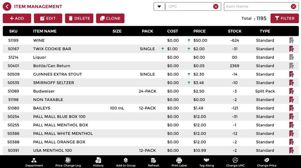 Item Mangement main screen