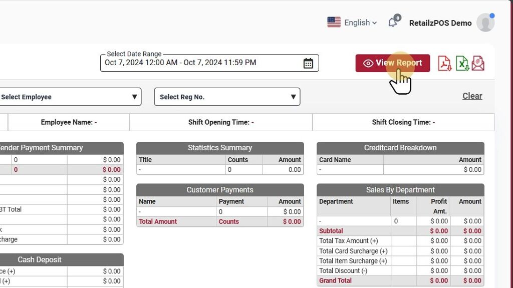 view button end shift report backoffice