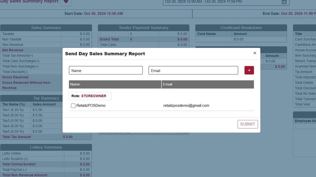 Cash Drawer Function Report Back office Email details