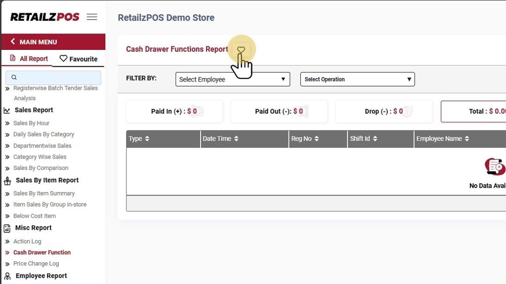 Cash Drawer Function Report Back office Favourite Button