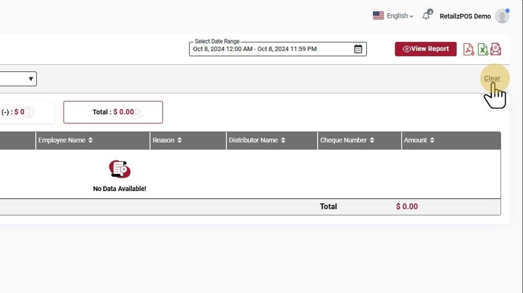 Cash Drawer Function Report Back office Clear Button
