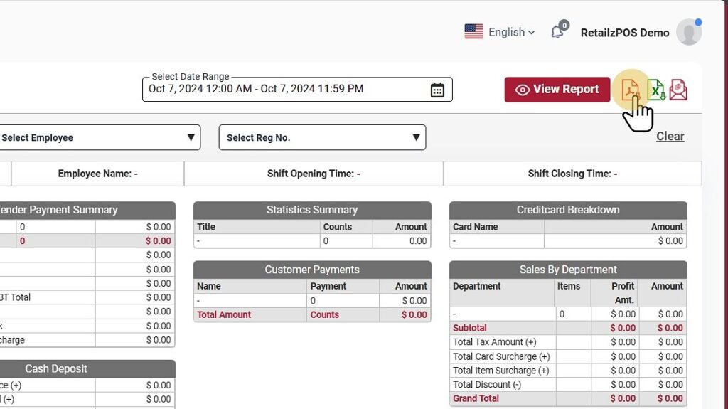 End Shift Report Backoffice download, pdf, execl buttons