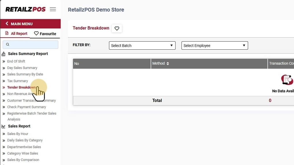 Select Tender Breakdown Report