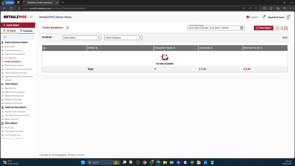 Tender Breakdown Report Backoffice