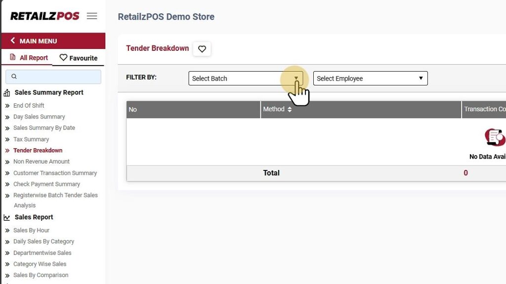 Tender Breakdown Report select batch