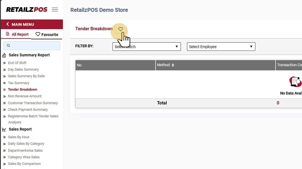 Tender Breakdown Report Favourite button