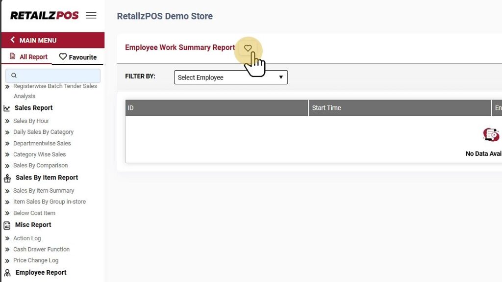 Employee Work Summary Backoffice favourite button