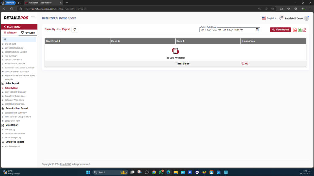 Sales By Hour Report Backoffice