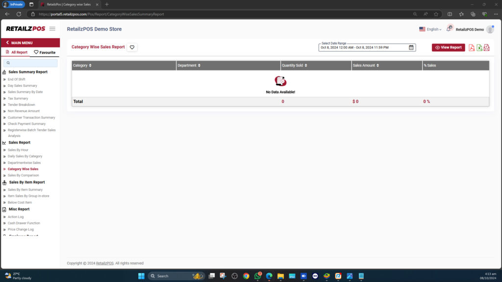 Sales By Category Report Backoffice Report