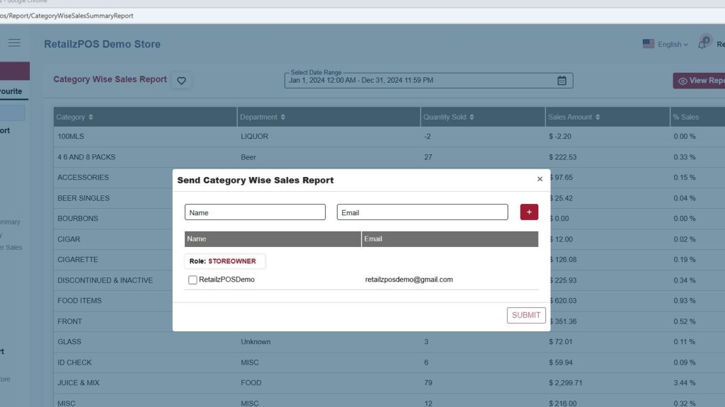 Sales By Category Report Backoffice Report Eamil Details