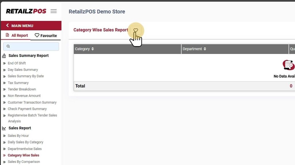 Sales By Category Report Backoffice Report favorite button