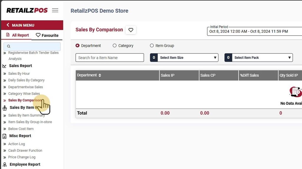 Select Sales By Comparison Report Backoffice