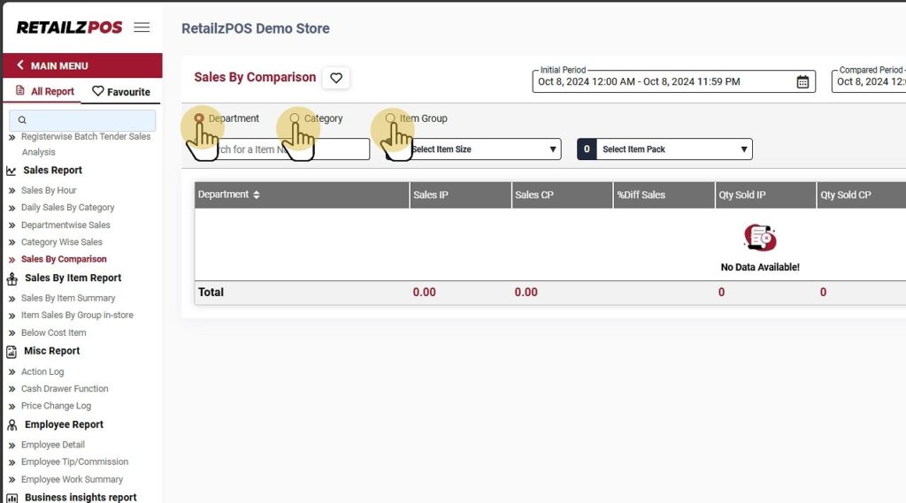 Sales By Comparison Report Backoffice department, category, item group filter
