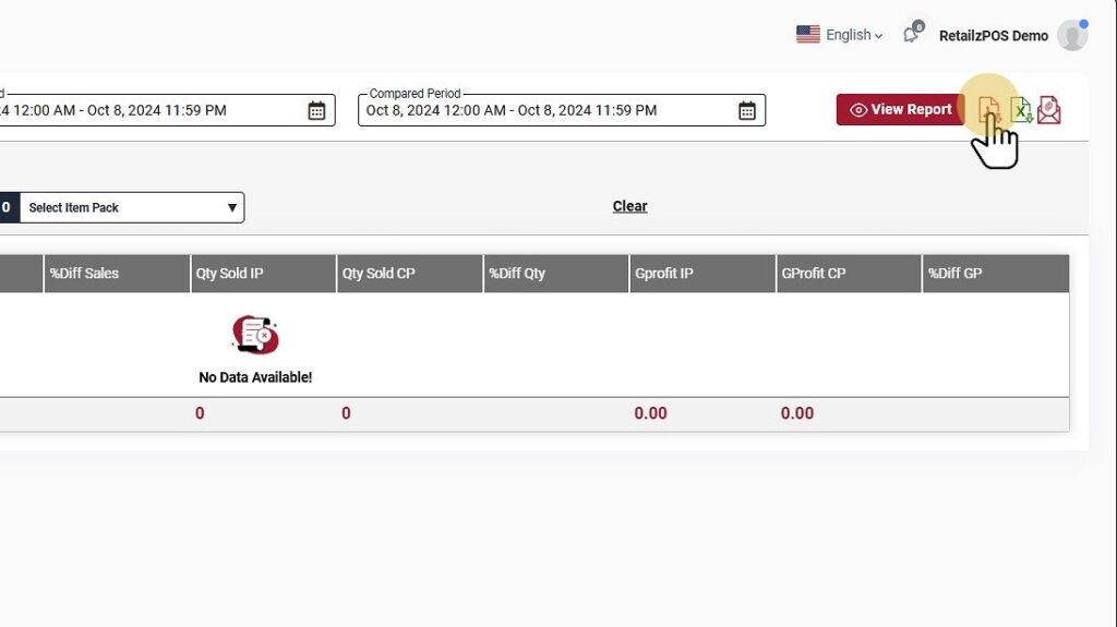 Sales By Comparison Report Backoffice Excel, Pdf, Email buttons