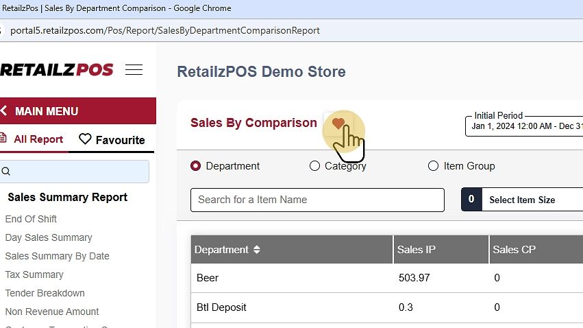 Sales By Comparison Report Backoffice favorite Button
