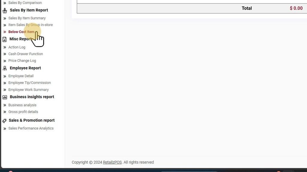 Select Below Cost Item Report Backoffice