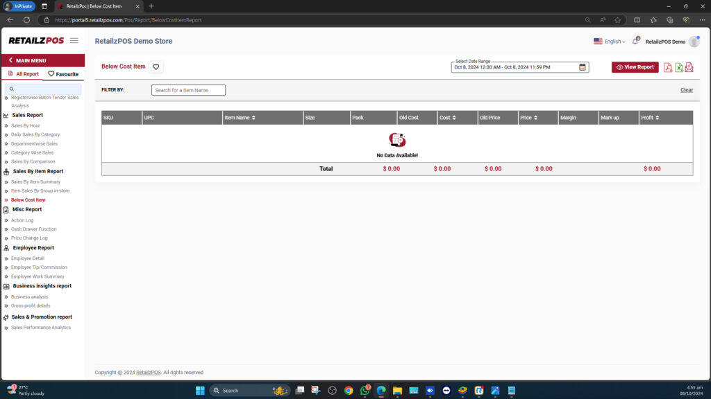 Below Cost Item Report Backoffice