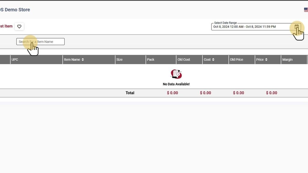 Below Cost Item Report Backoffice date and item filter