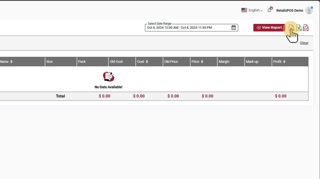 Below Cost Item Report Backoffice excel, pdf, email button