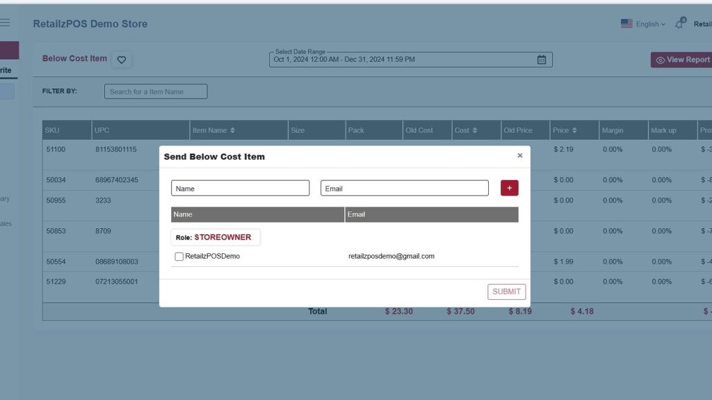 Below Cost Item Report Backoffice email details