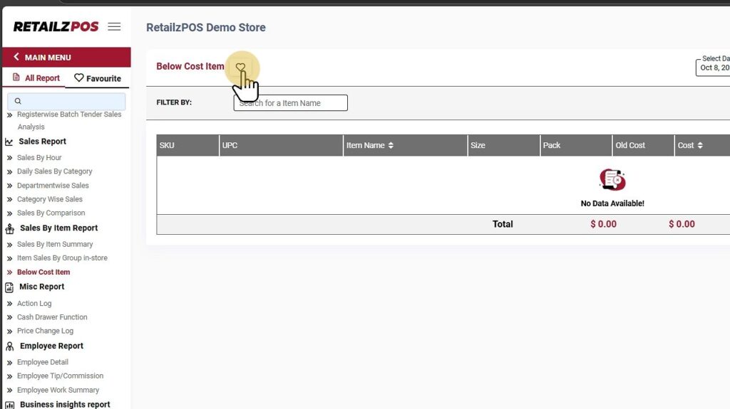 Below Cost Item Report Backoffice favourtite button