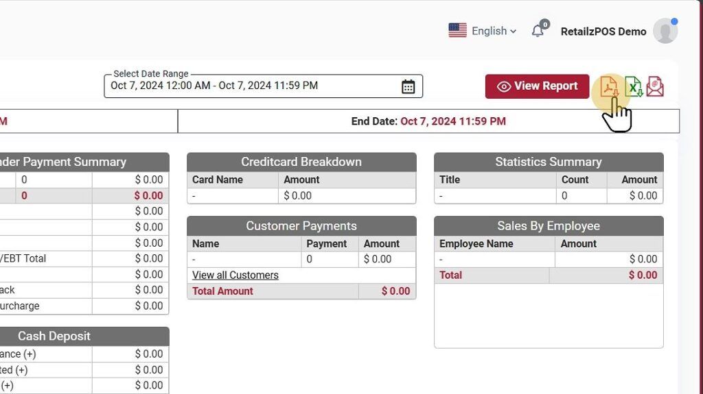 Day sales summary download excel, pdf and email button