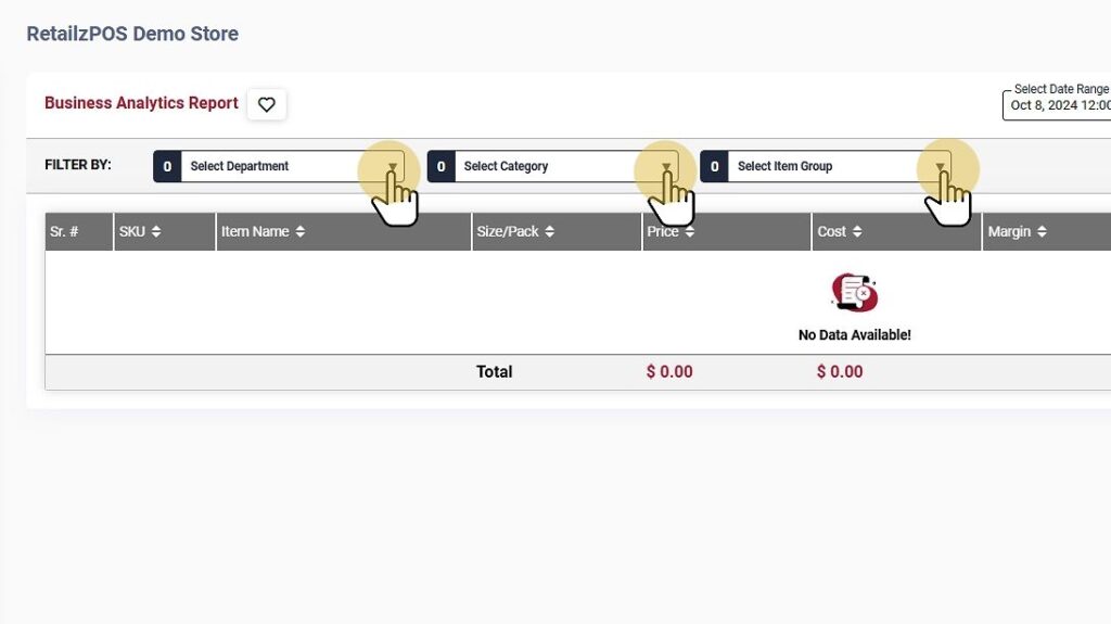 Business Analysis Report Department, Category, Item Group filter