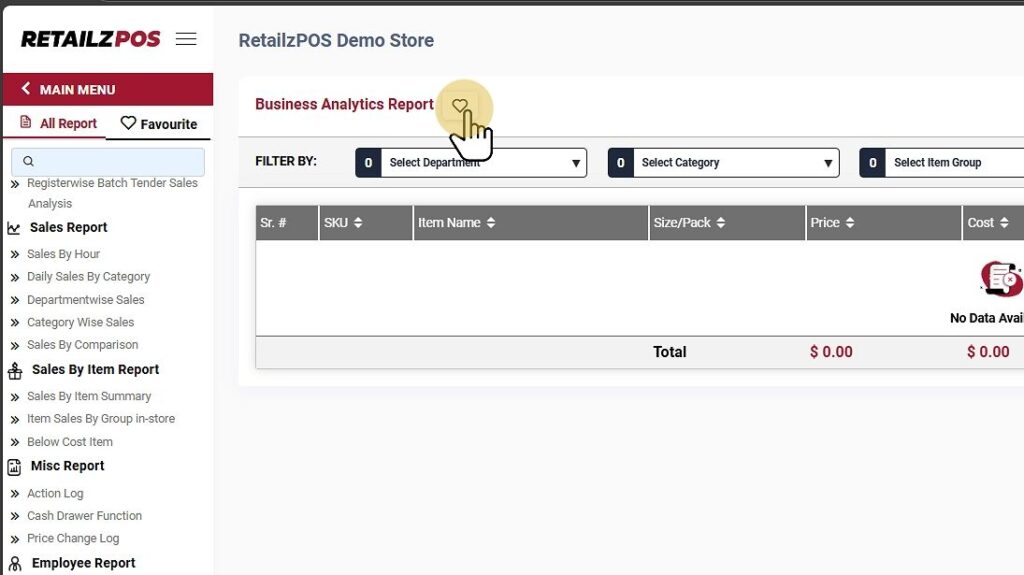Business Analysis Report Backoffice favorite button