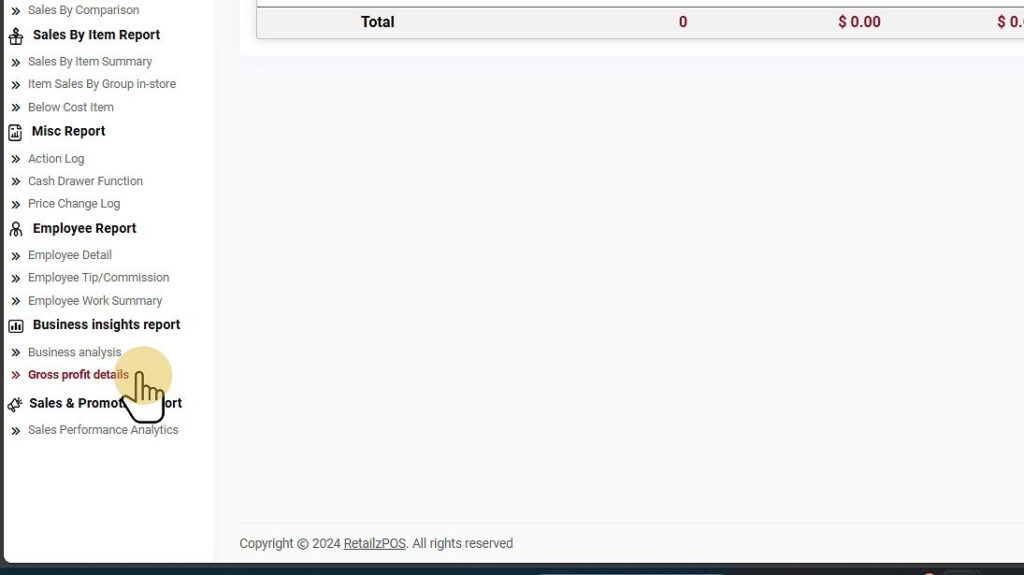 Select Gross profit detail Report Backoffice