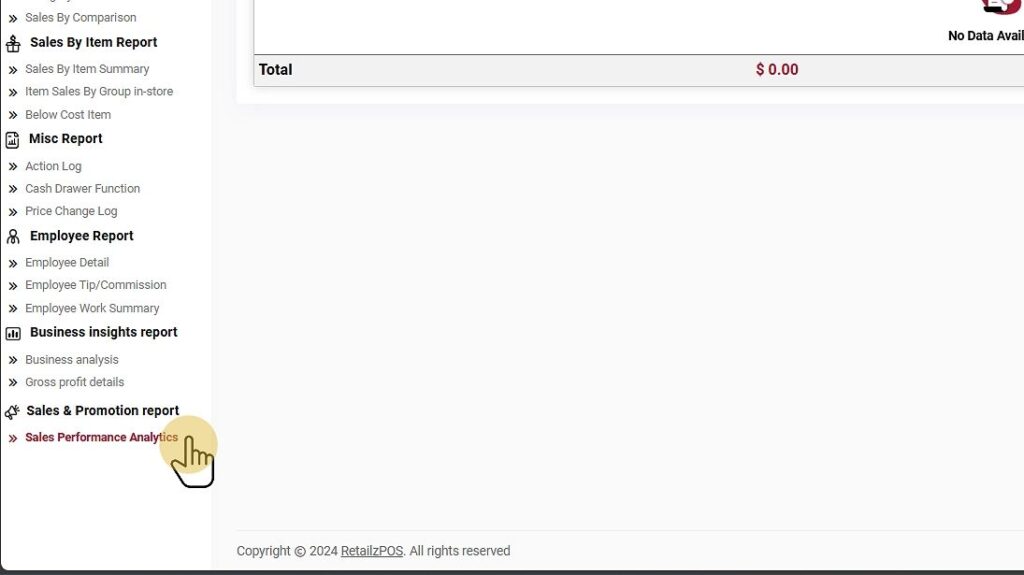 Select Sales Performance Analytics Report backoffice