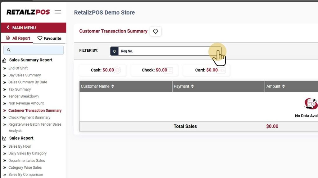 Customer Payment Summary Report Backoffice register filter
