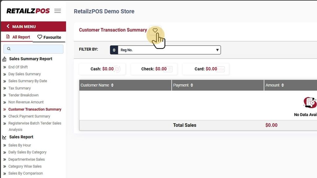 Customer Payment Summary favorite button