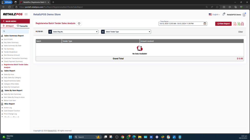Registerwise Batch Tender Sales Analysis Report