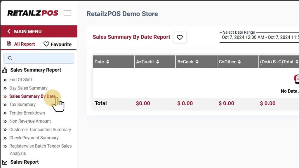 Select sales summary by date report