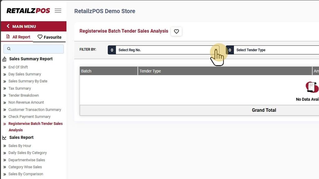 Registerwise Batch Tender Sales Analysis Report filter Register