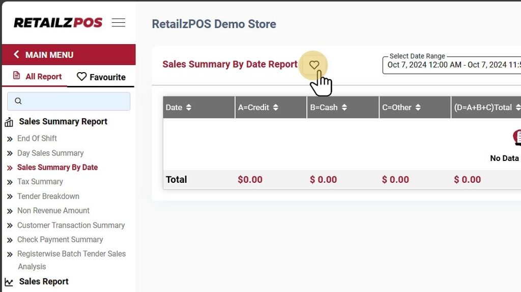 Sales summary by date report favourite button