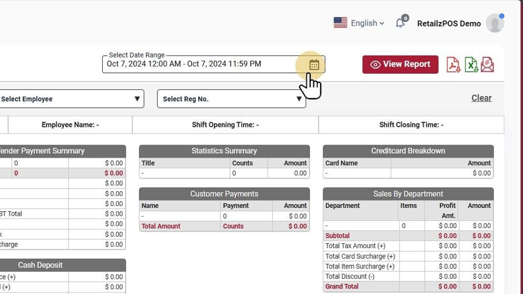 End shift report filter date