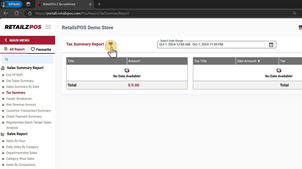 Tax summary report favourite button