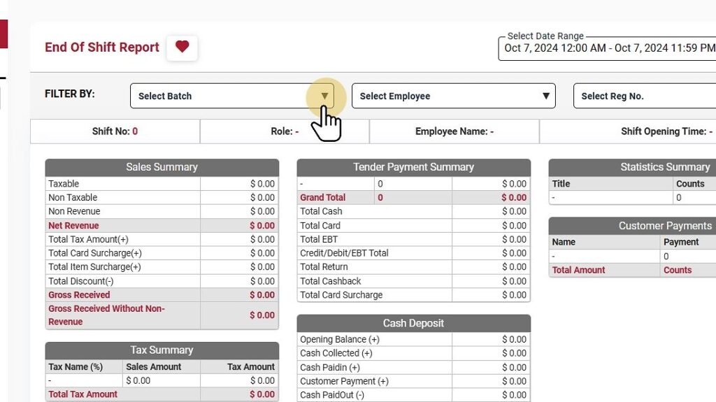 End shift report filter by batch backoffice