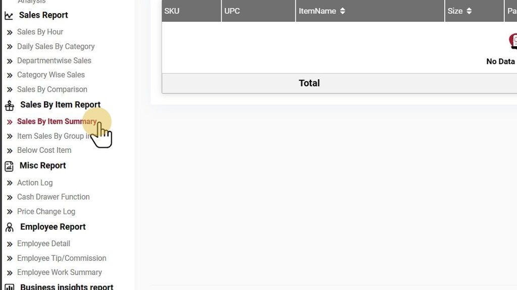 Select Sales by Item summary