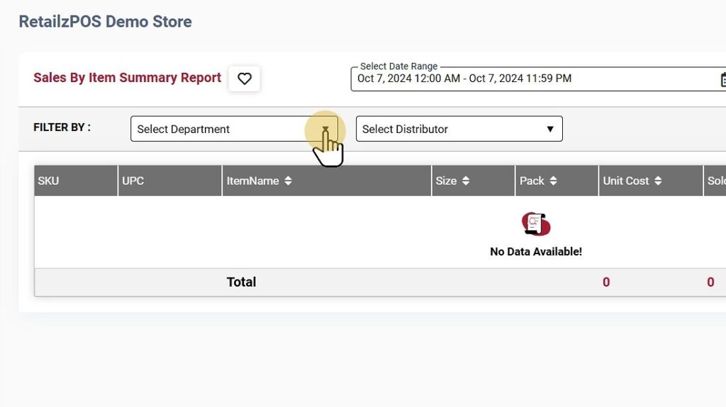 Sales by Item summary department filter
