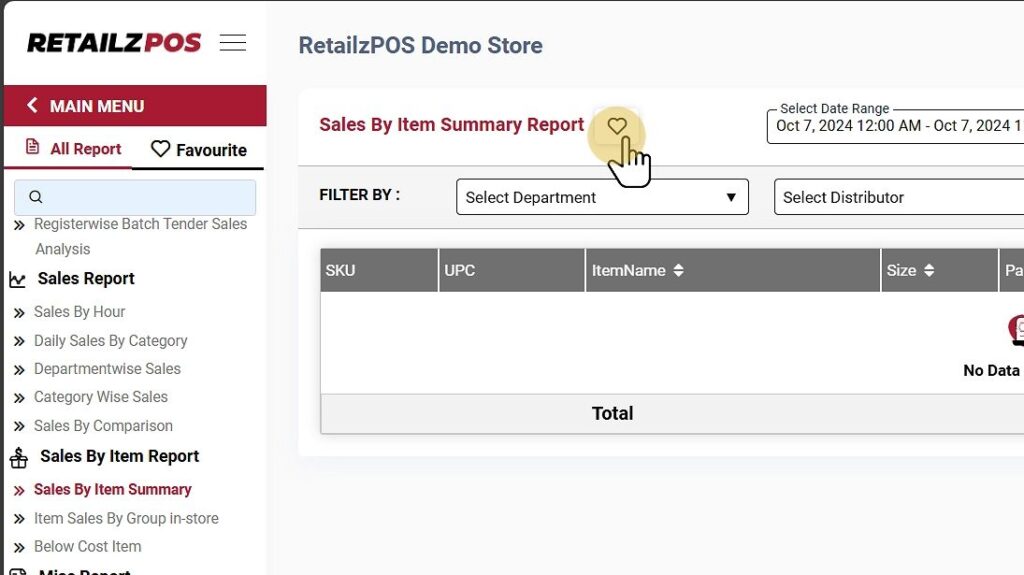 Sales by Item summary favorite button