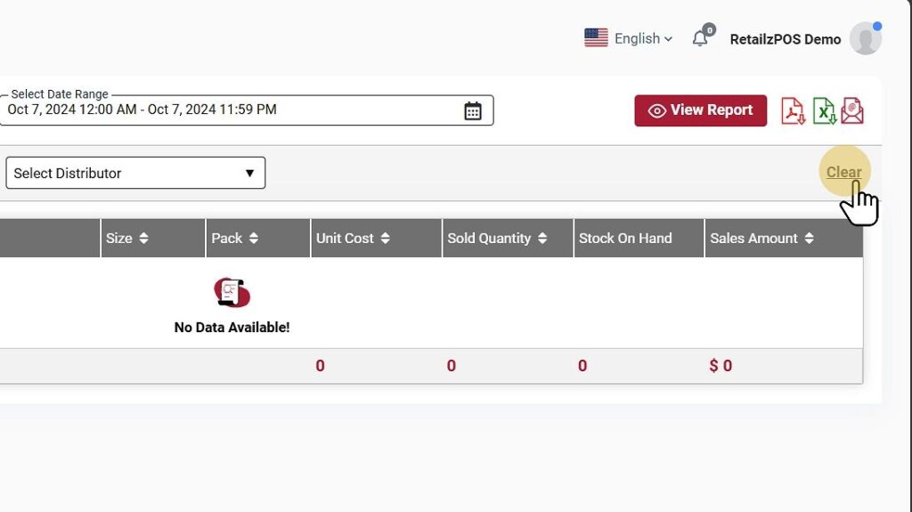 Sales by Item summary clear button