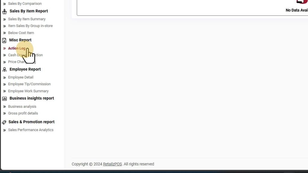 Select Action Log Report Back Office