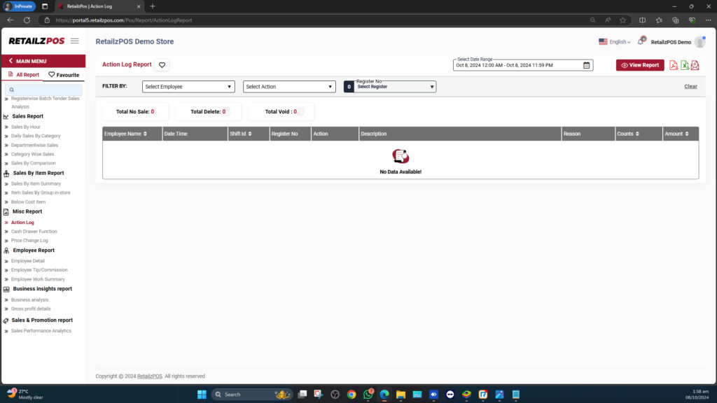 Action Log Report Back Office