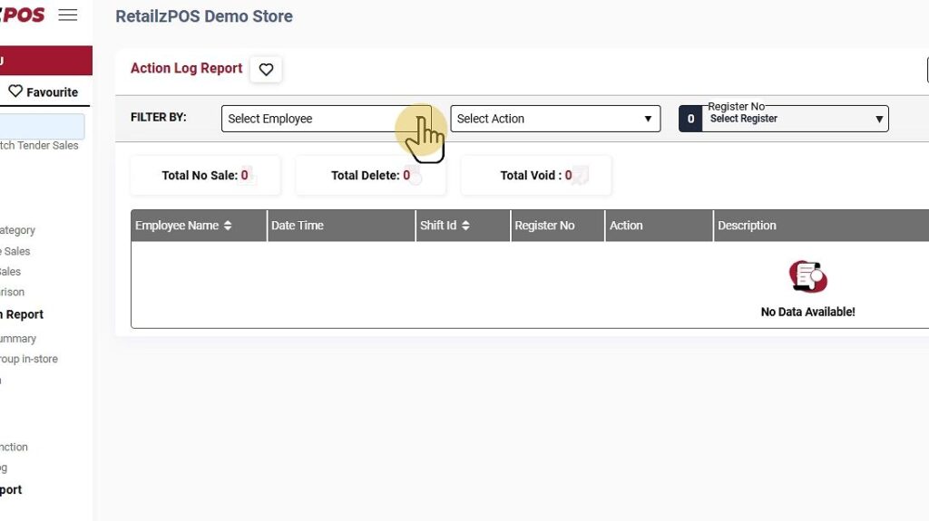 Action Log Report Back Office filter employee