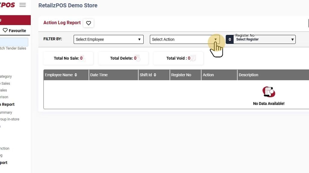 Action Log Report Back Office Filter Action