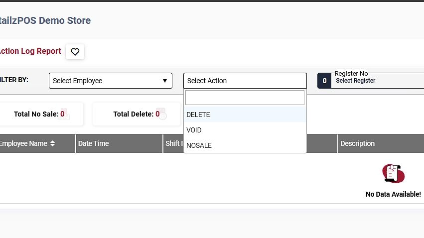 Action Log Report Back Office Action dopdown
