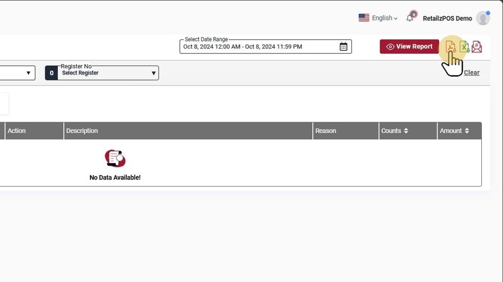 Action Log Report Back Office Excel,pdf, email buttons