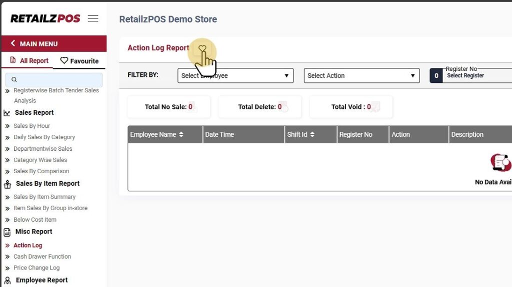 Action Log Report Back Office Favourite button